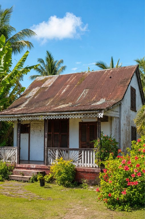 Case créole en Martinique avant rénovation : toiture en tôle rouillée et envahie de mousse